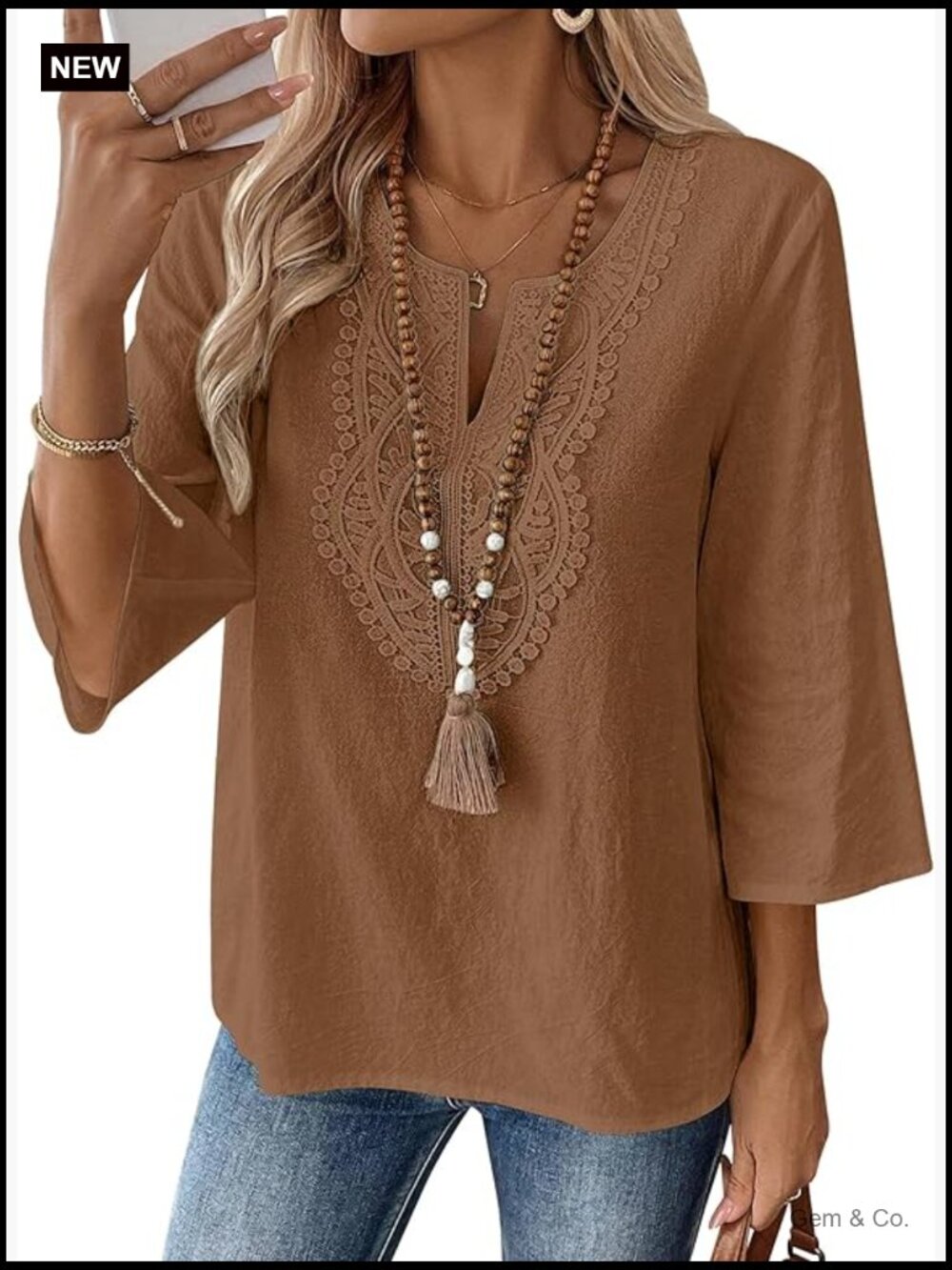 3/4 Sleeve Cotton Linen V-Neck Lace Blouse Loose Fit Boho Tunic Top - Picture 1 of 7